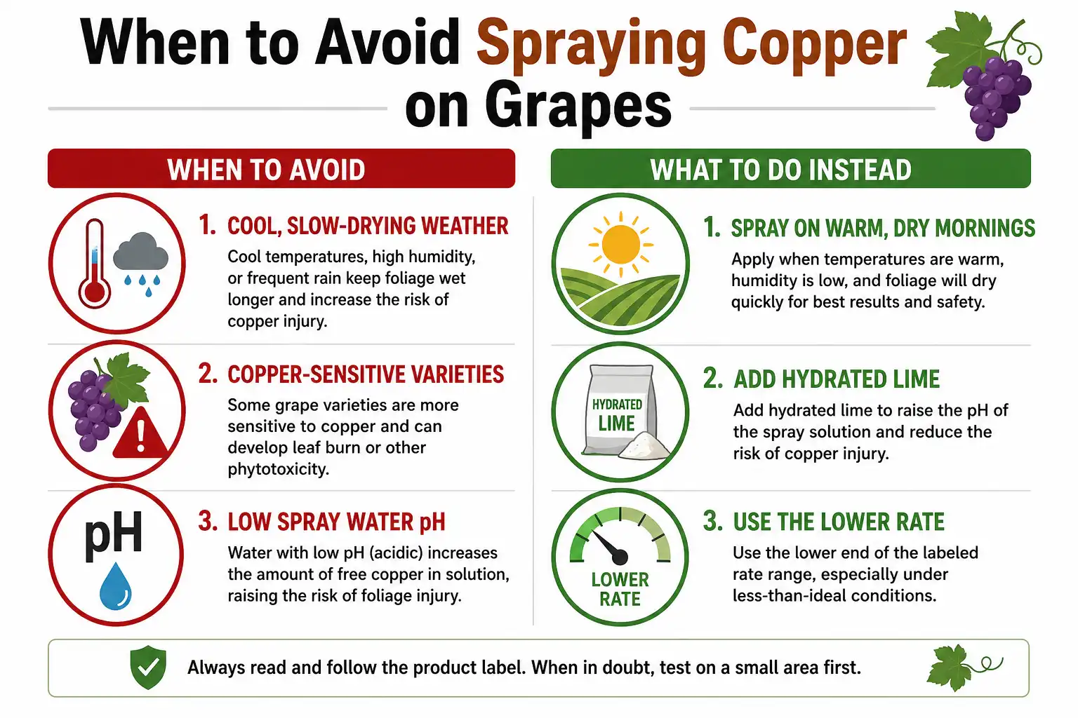 Checklist infographic on conditions when to avoid spraying copper fungicide on grapes to prevent leaf burn