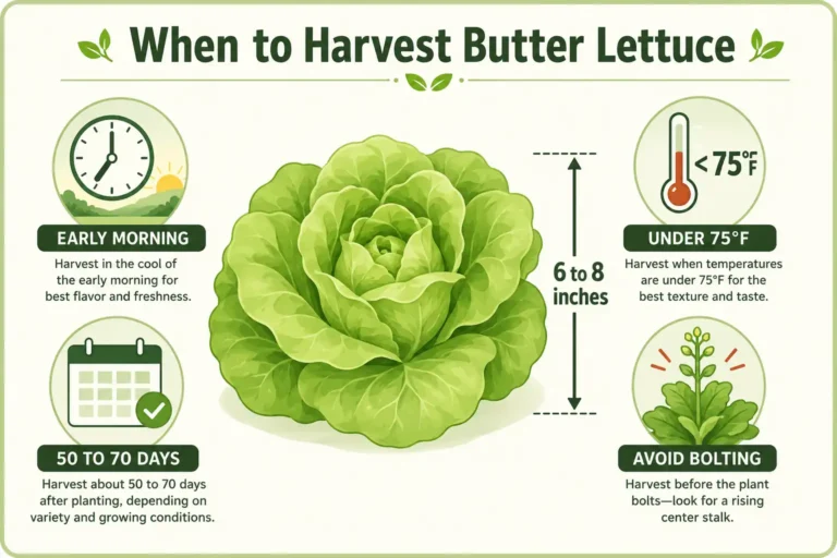 Infographic of when to harvest butter lettuce by head size, days to maturity, morning timing, and bolting signs