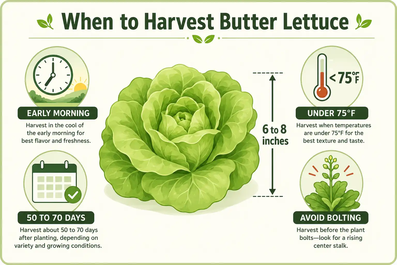 Infographic of when to harvest butter lettuce by head size, days to maturity, morning timing, and bolting signs