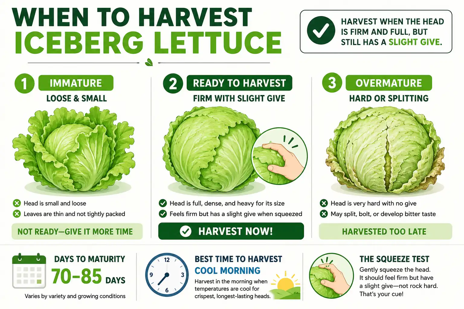 Infographic of when to harvest iceberg lettuce, comparing immature, ready, and overmature heads with a 70 to 85 day timeline