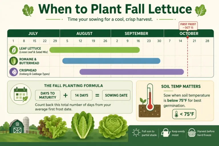 When to plant fall lettuce infographic of sow windows from July to October for leaf, romaine, and crisphead types with a mid-October frost line