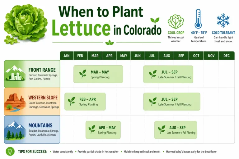 Infographic of when to plant lettuce in Colorado by region, with spring and fall planting windows for the Front Range, Western Slope, and mountains