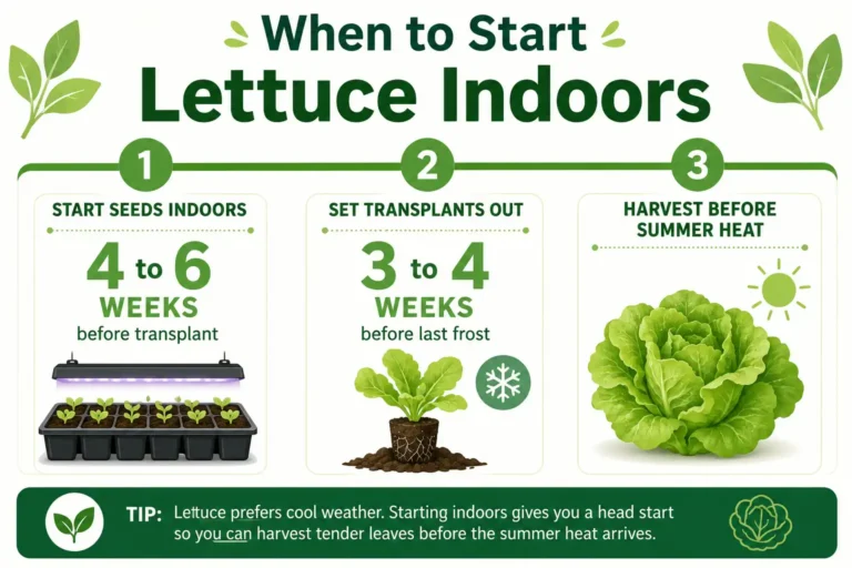 Infographic of when to start lettuce indoors, with seeds started 4 to 6 weeks before transplanting and set out before the last frost
