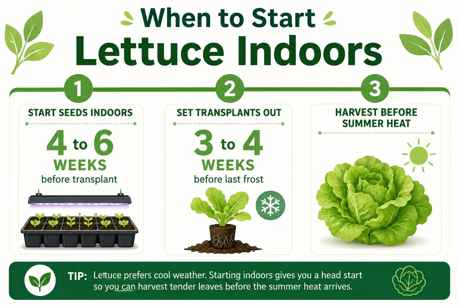 Infographic of when to start lettuce indoors, with seeds started 4 to 6 weeks before transplanting and set out before the last frost