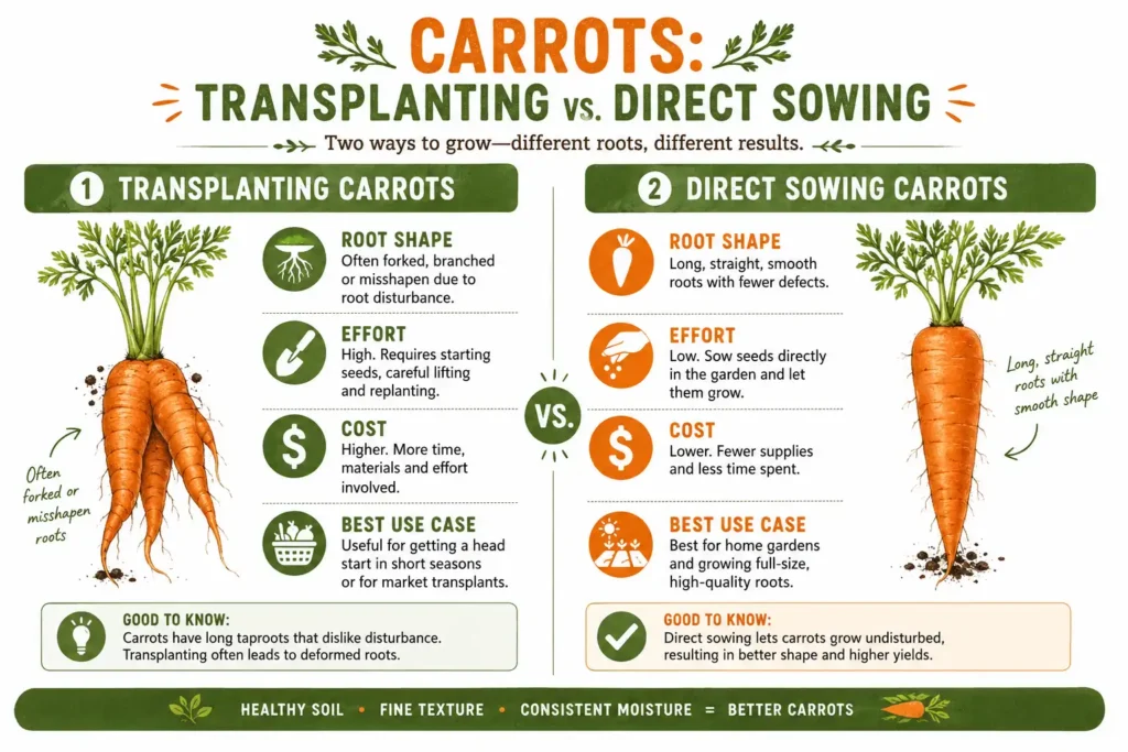 Comparison infographic of when to transplant carrots and when to direct sow for straighter, more uniform roots