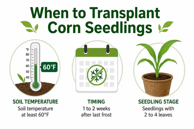 Infographic on when to transplant corn seedlings: soil at 60°F, one to two weeks after last frost, seedlings with two to four leaves
