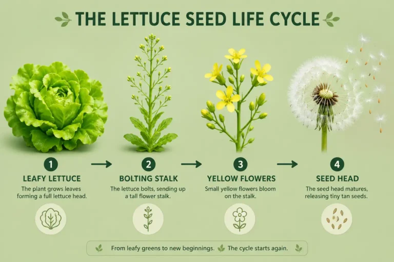 Infographic of where lettuce seeds come from, from a bolting lettuce plant to flowers and fluffy seed heads