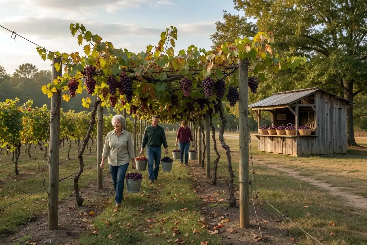 U-pick vineyard and farm stand showing where to buy muscadine grapes in season in the South