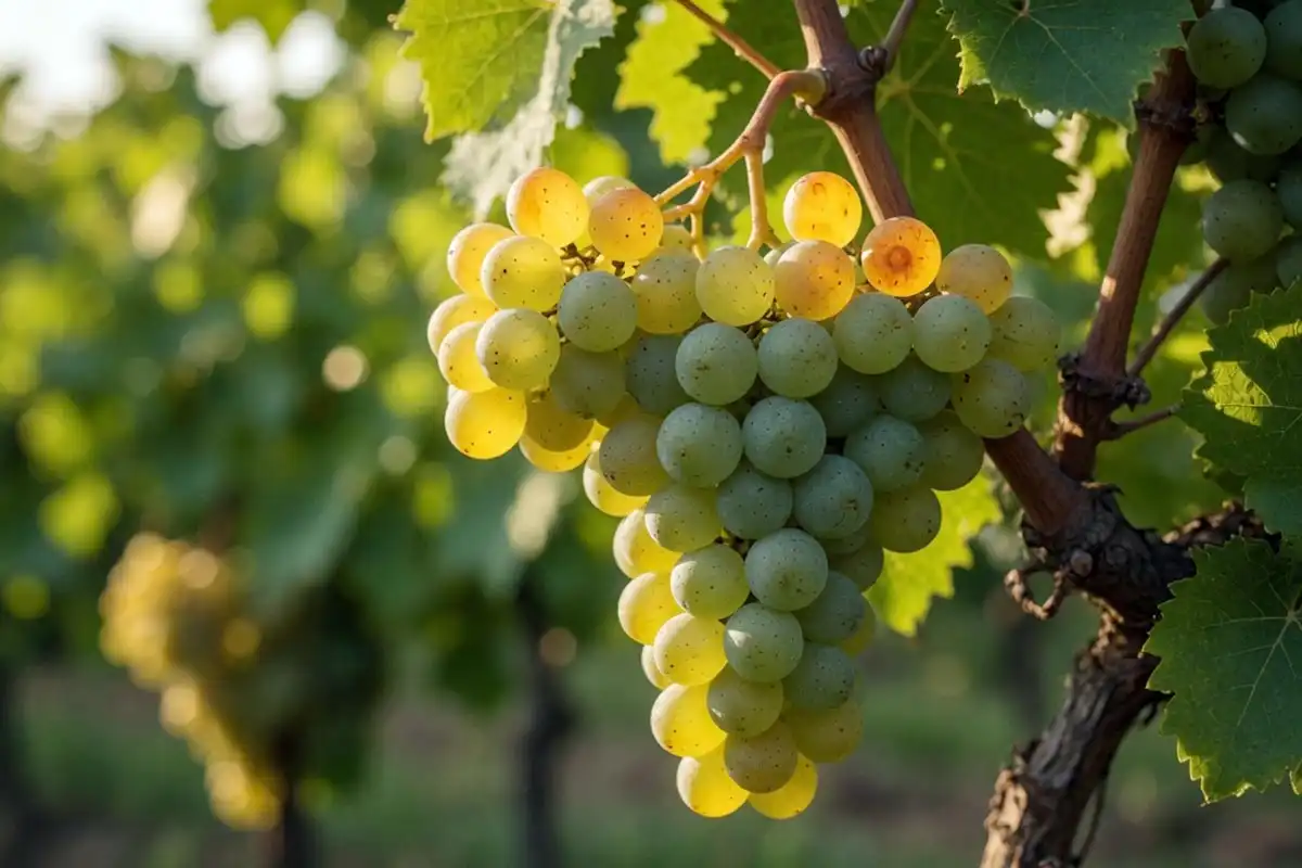 White grapes at veraison changing from green to translucent gold instead of turning red or purple