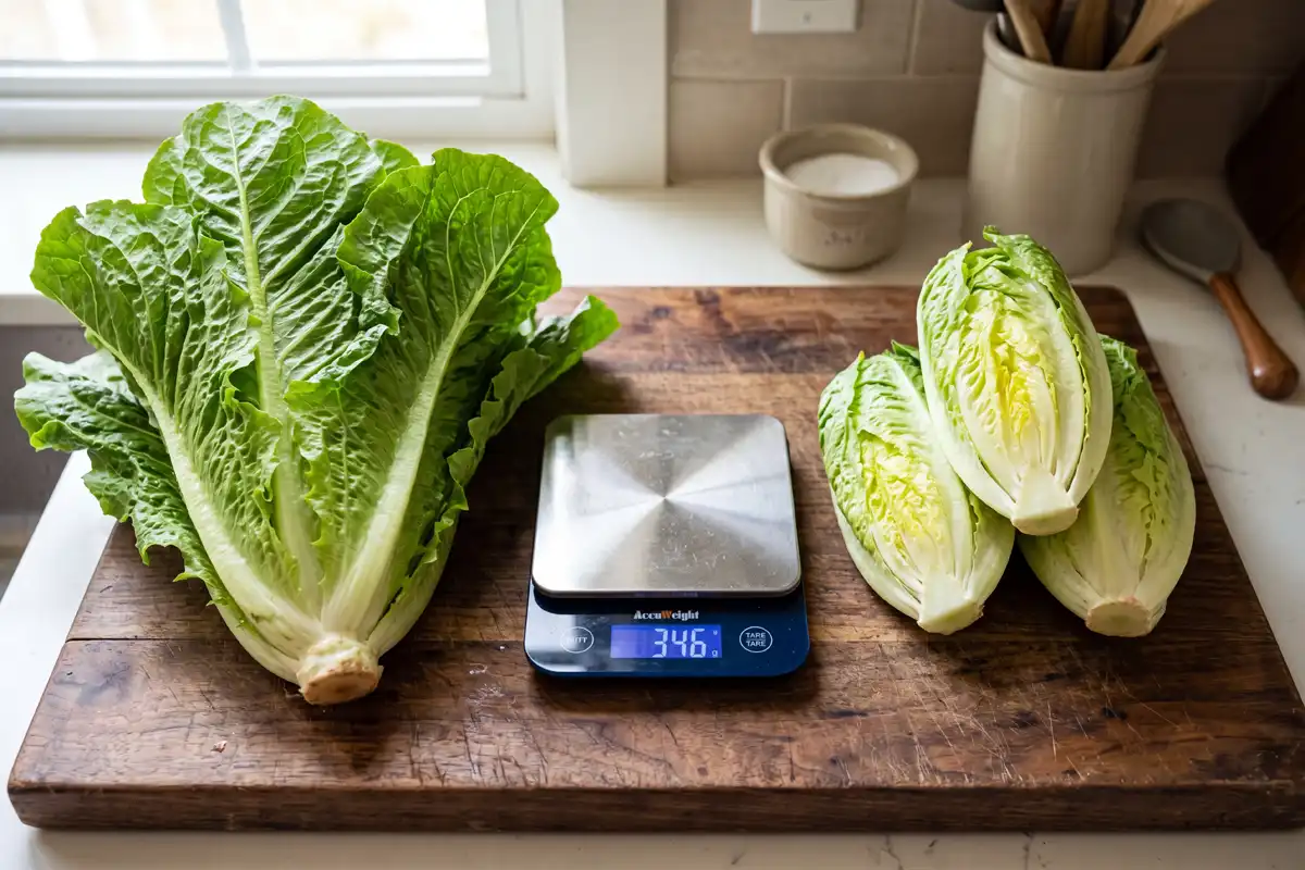 A whole romaine head next to three trimmed romaine hearts on the weight difference between them
