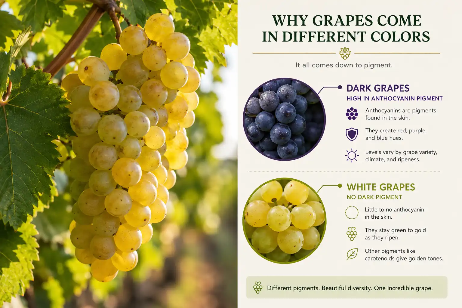 Infographic of why green grapes are called white grapes, a color category based on missing anthocyanin pigment