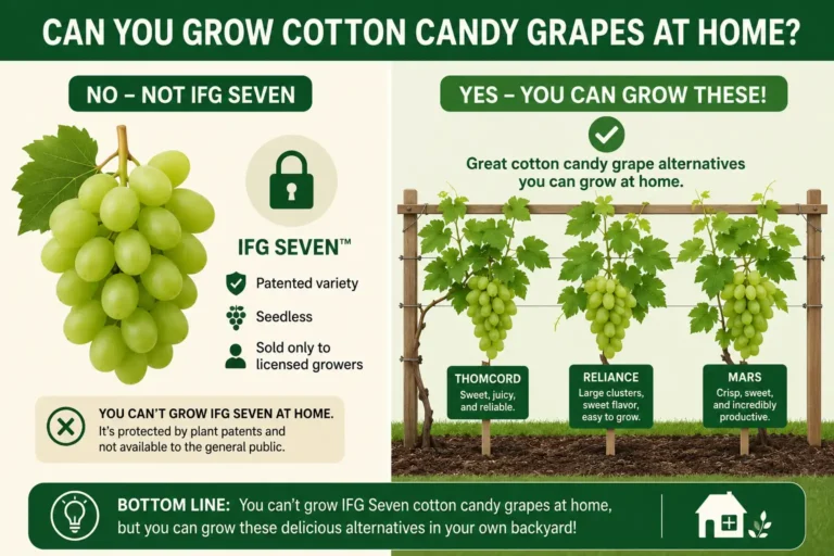 Infographic of how to grow cotton candy grapes is not possible at home and listing sweet seedless grape varieties to plant instead