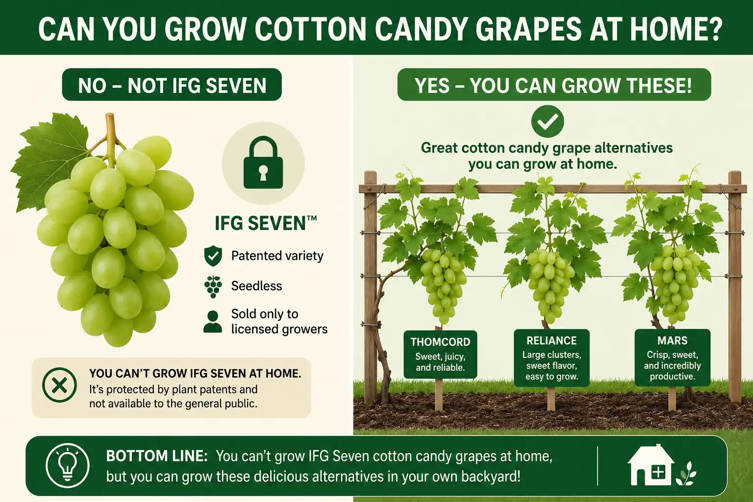 Infographic of how to grow cotton candy grapes is not possible at home and listing sweet seedless grape varieties to plant instead