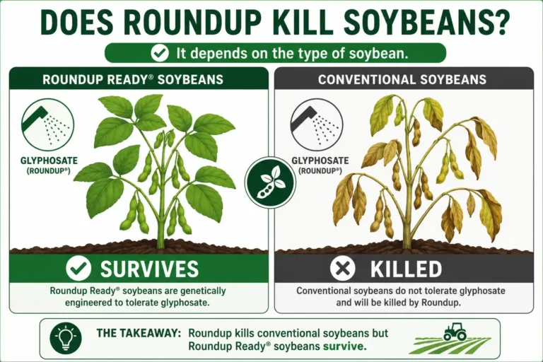 Infographic of Roundup kills conventional soybeans but spares glyphosate-tolerant Roundup Ready soybeans