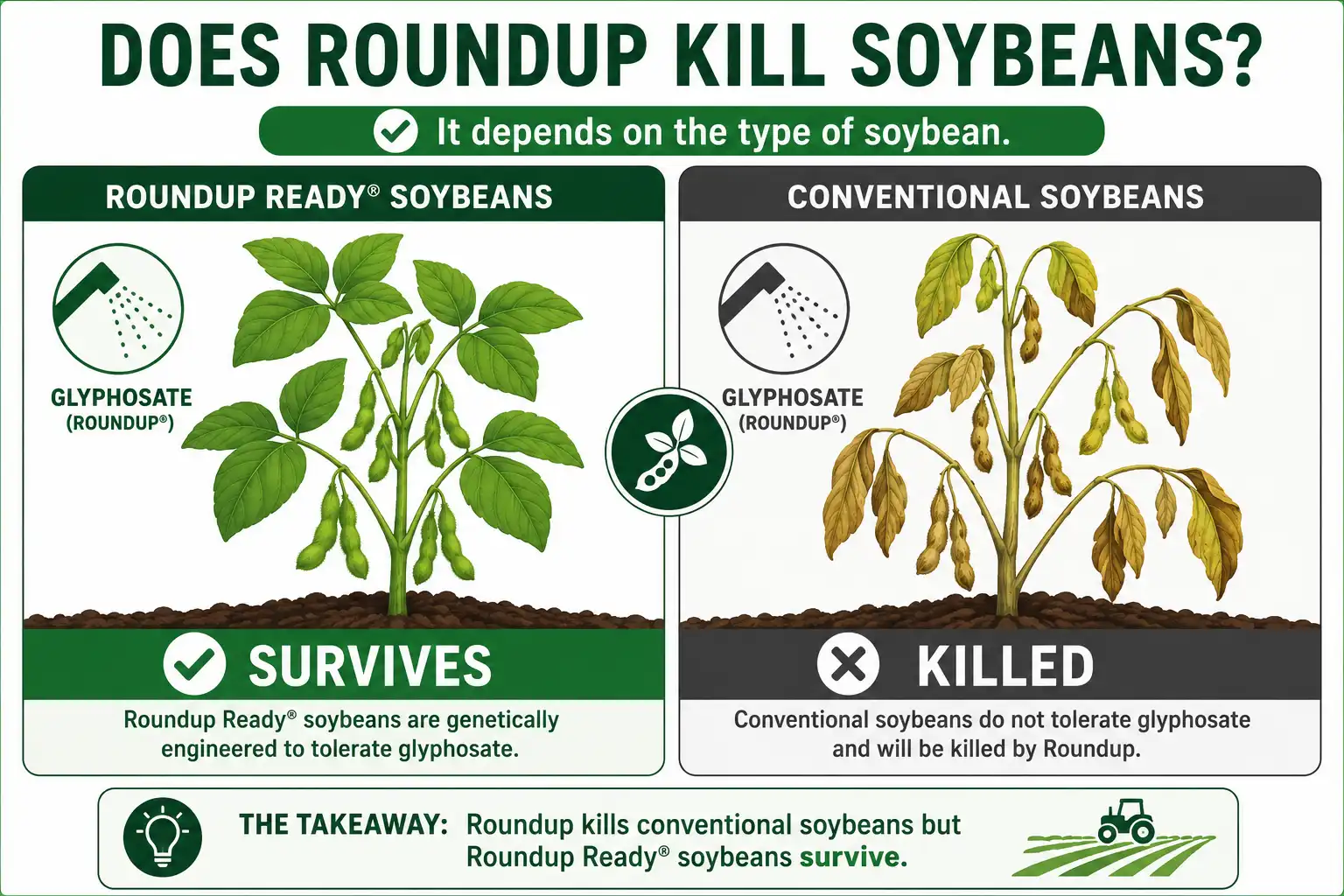 Infographic of Roundup kills conventional soybeans but spares glyphosate-tolerant Roundup Ready soybeans