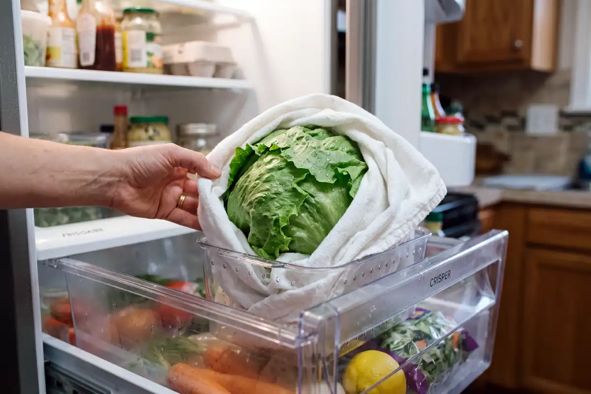 Harvested lettuce wrapped in a towel and placed in a vented container in the refrigerator crisper drawer