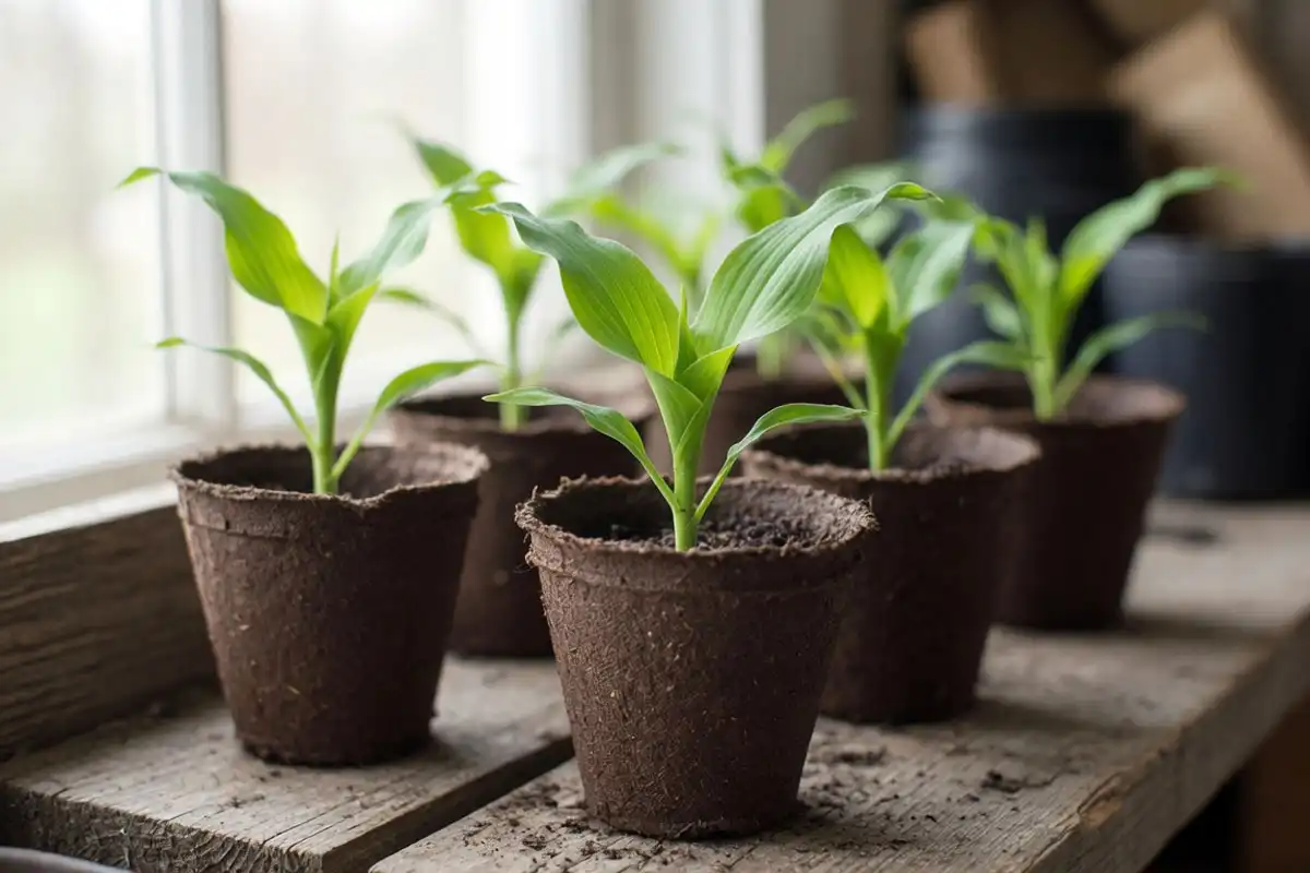 Young corn seedlings with two to three leaves in peat pots at the right stage to transplant