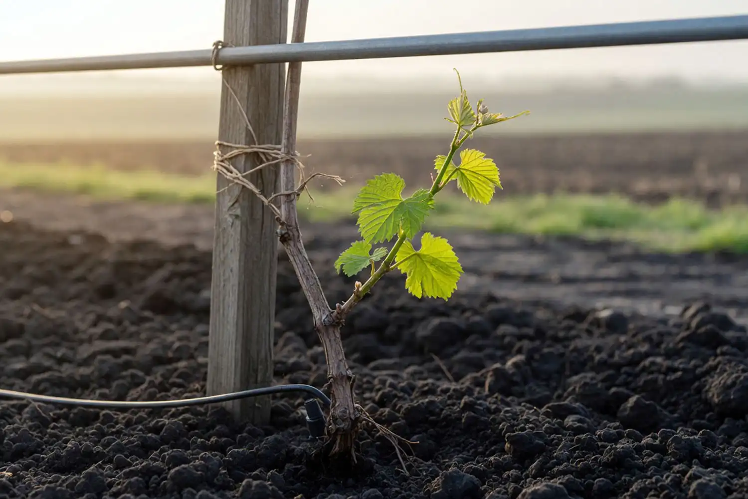 First-year grapevine trained to a stake, the establishment stage that affects how long grapes take to grow.