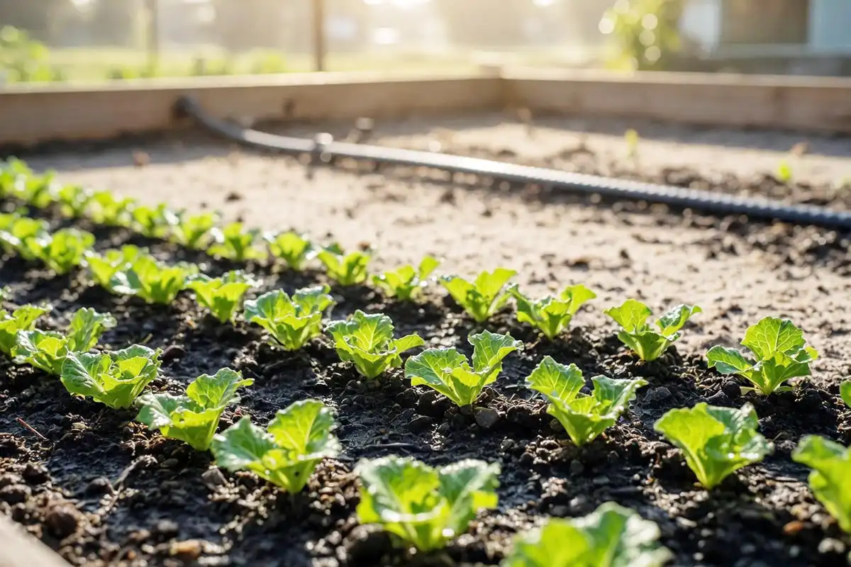 Young leaf lettuce seedlings sprouting in a Florida raised bed in fall, the cool-season planting window