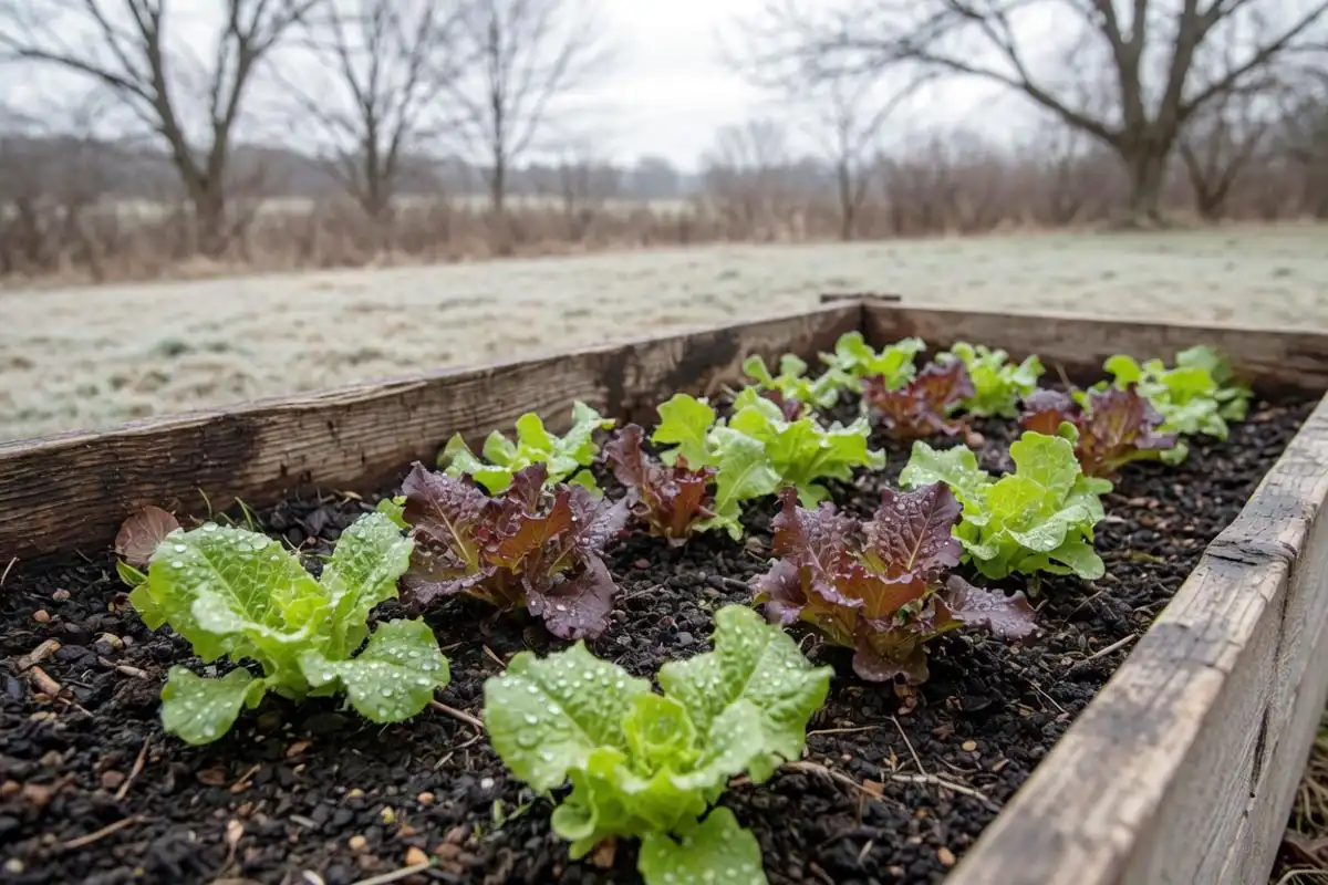 Young leaf lettuce seedlings growing in a raised bed during early spring in Connecticut