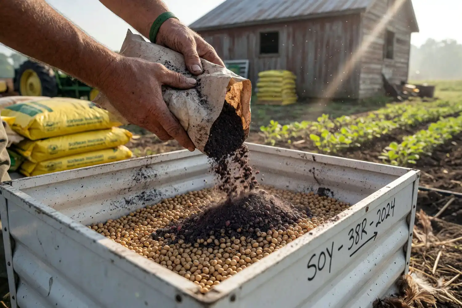 Farmer coating soybean seed with peat inoculant in a planter box