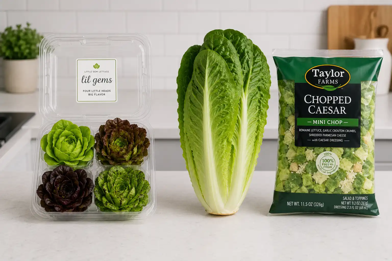 Artisan lettuce petite heads shown next to full size romaine and a bag of chopped salad