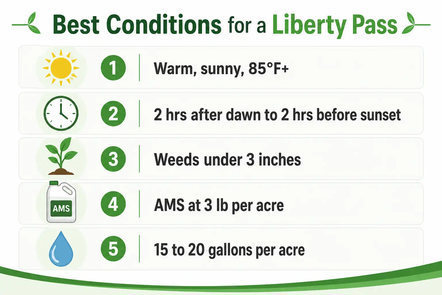 Checklist infographic of best conditions for spraying Liberty on soybeans, including warm weather, small weeds, AMS, and water volume.