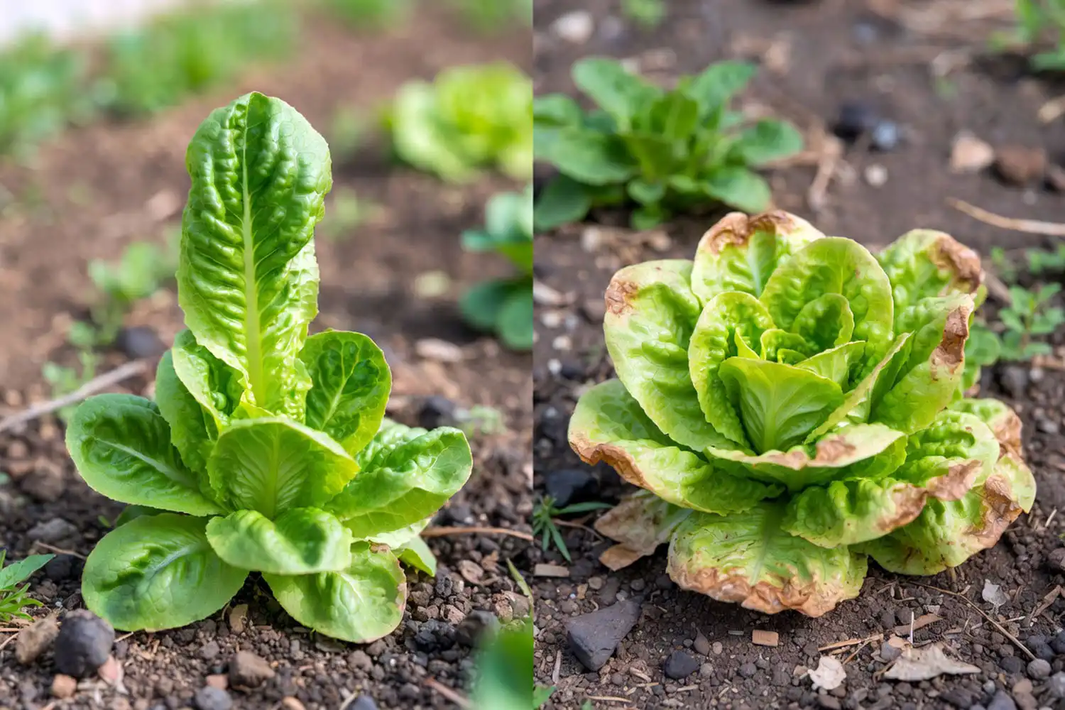 Bibb lettuce of bolting with a tall stalk on the left and tipburn with browned leaf edges on the right.