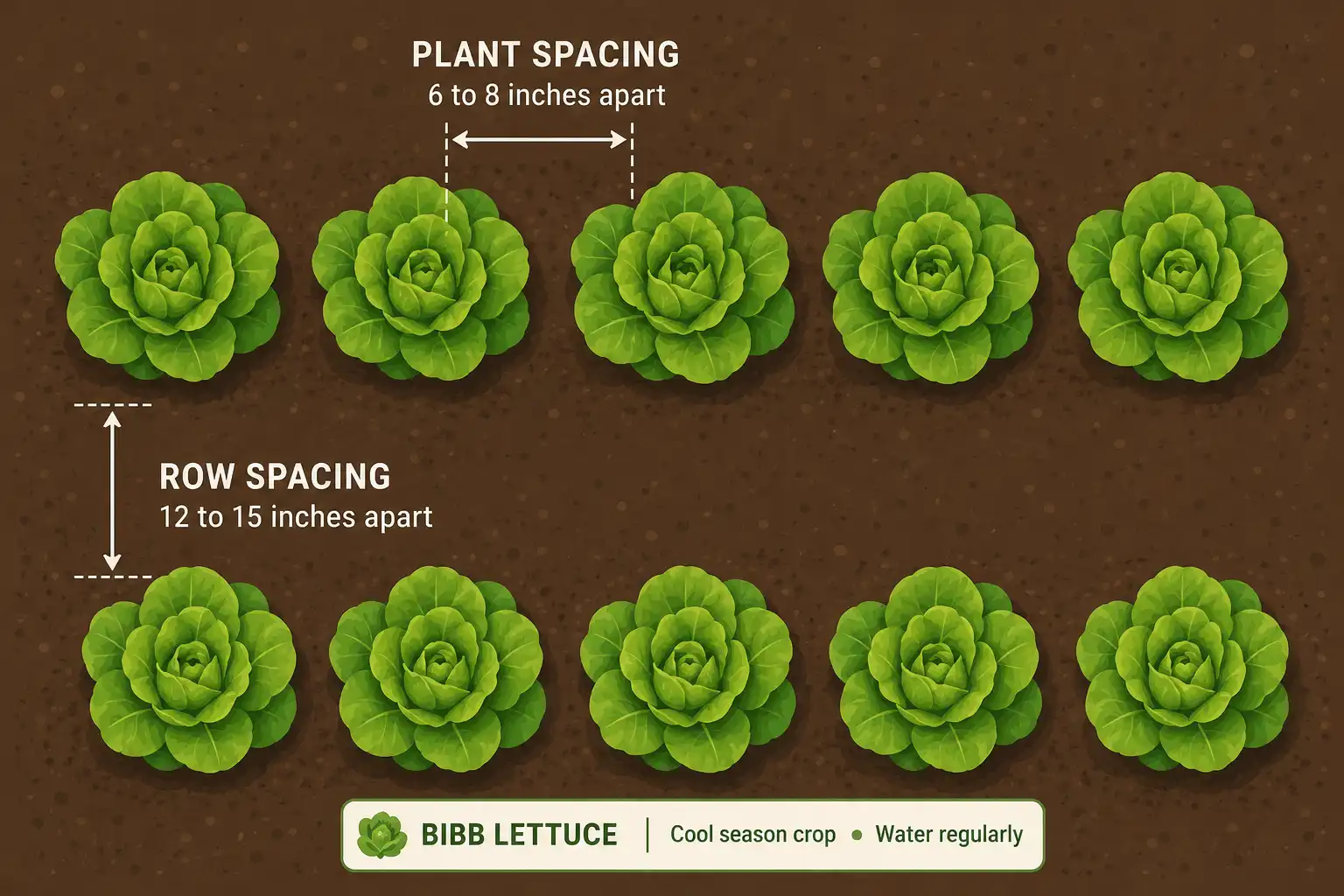 Diagram of bibb lettuce spaced 6 to 8 inches apart in rows 12 to 15 inches apart.