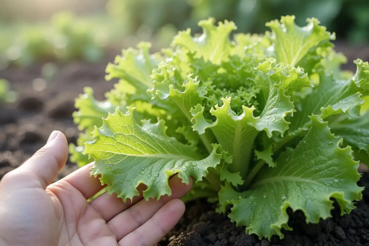 Black Seeded Simpson lettuce leaves at 4 to 6 inches, the right size to harvest for tender flavor