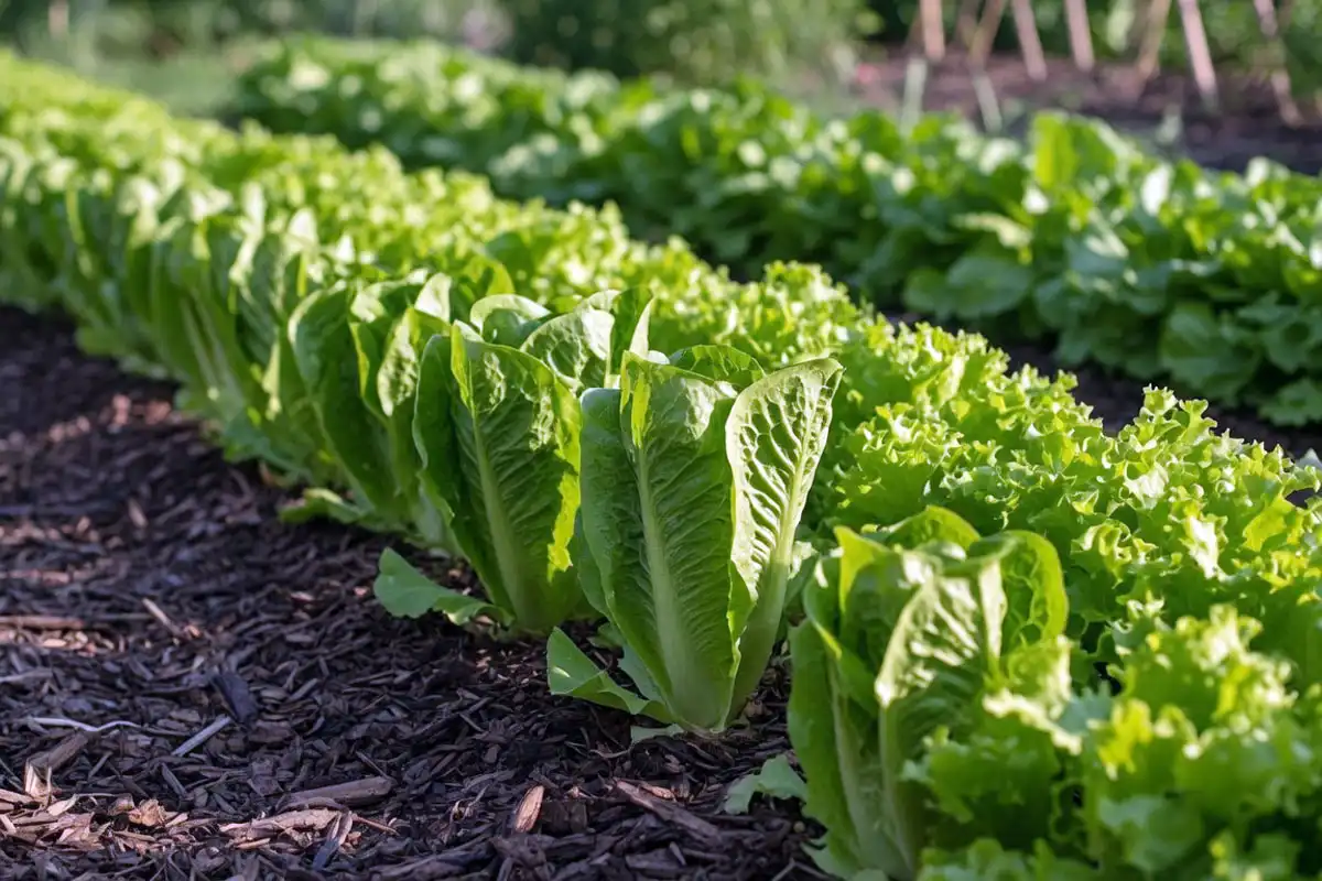 Slow-bolt lettuce varieties like Jericho romaine growing upright and green in summer without bolting