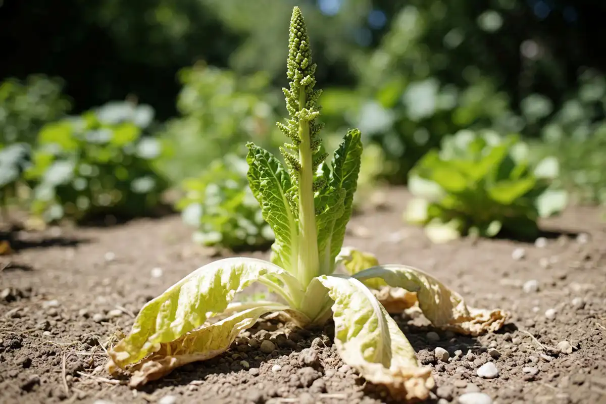 Bolted romaine lettuce sending up a tall flower stalk, a sign the leaves have turned bitter.