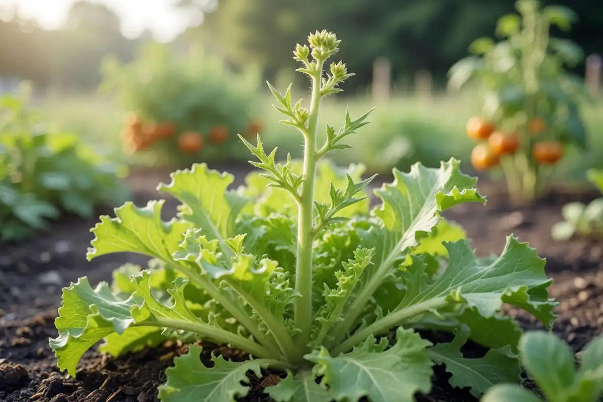 Lettuce plant bolting in summer heat with a tall central seed stalk and bitter upright leaves