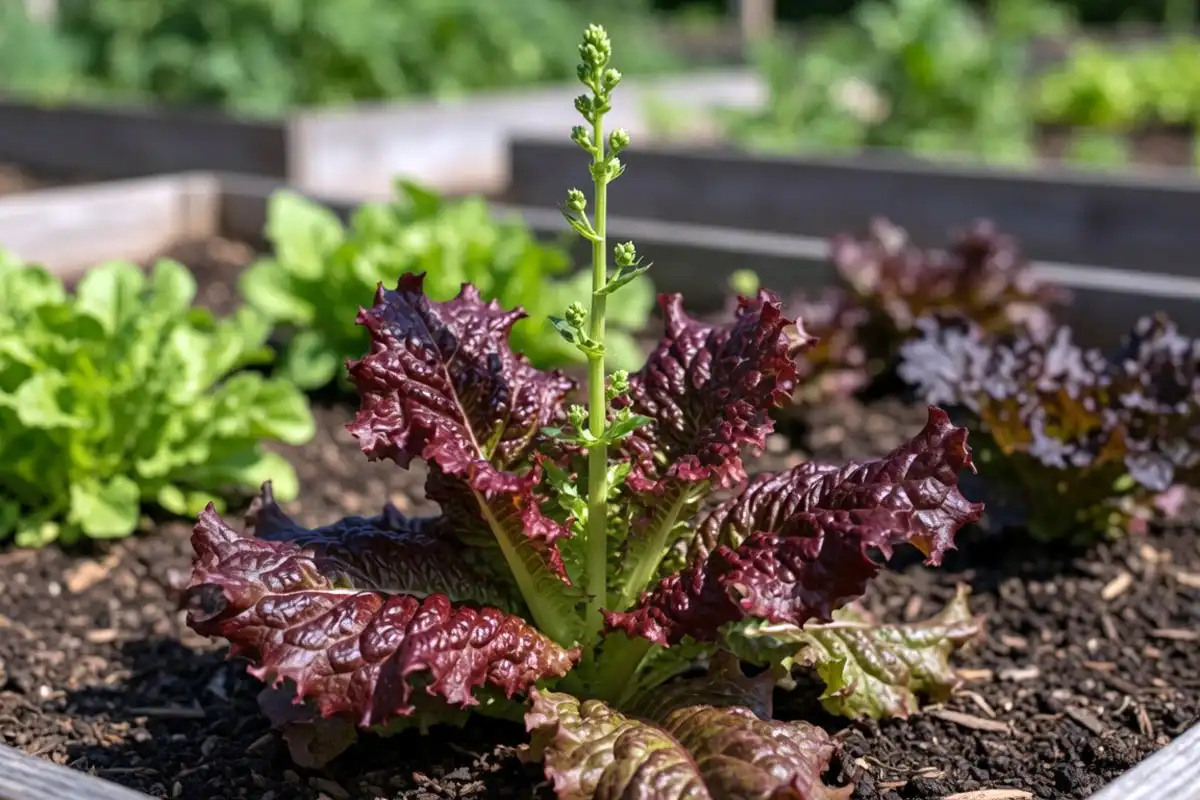 Red lettuce that has bolted, sending up a tall center stalk, the sign that the prime harvest window has passed