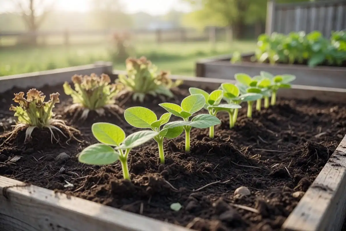 Young bush bean seedlings growing in a raised bed after lettuce was harvested, a good rotation follow crop.