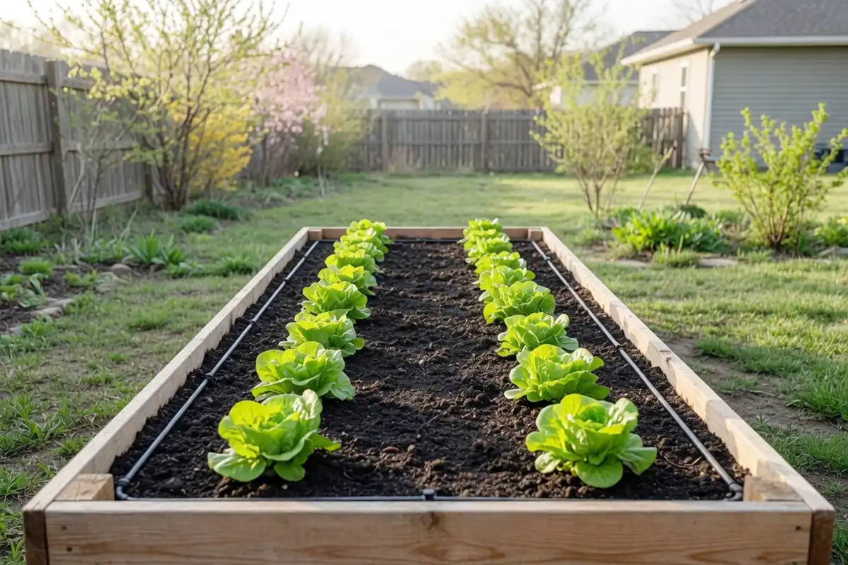 Young buttercrunch lettuce plants growing in spaced rows in a raised garden bed