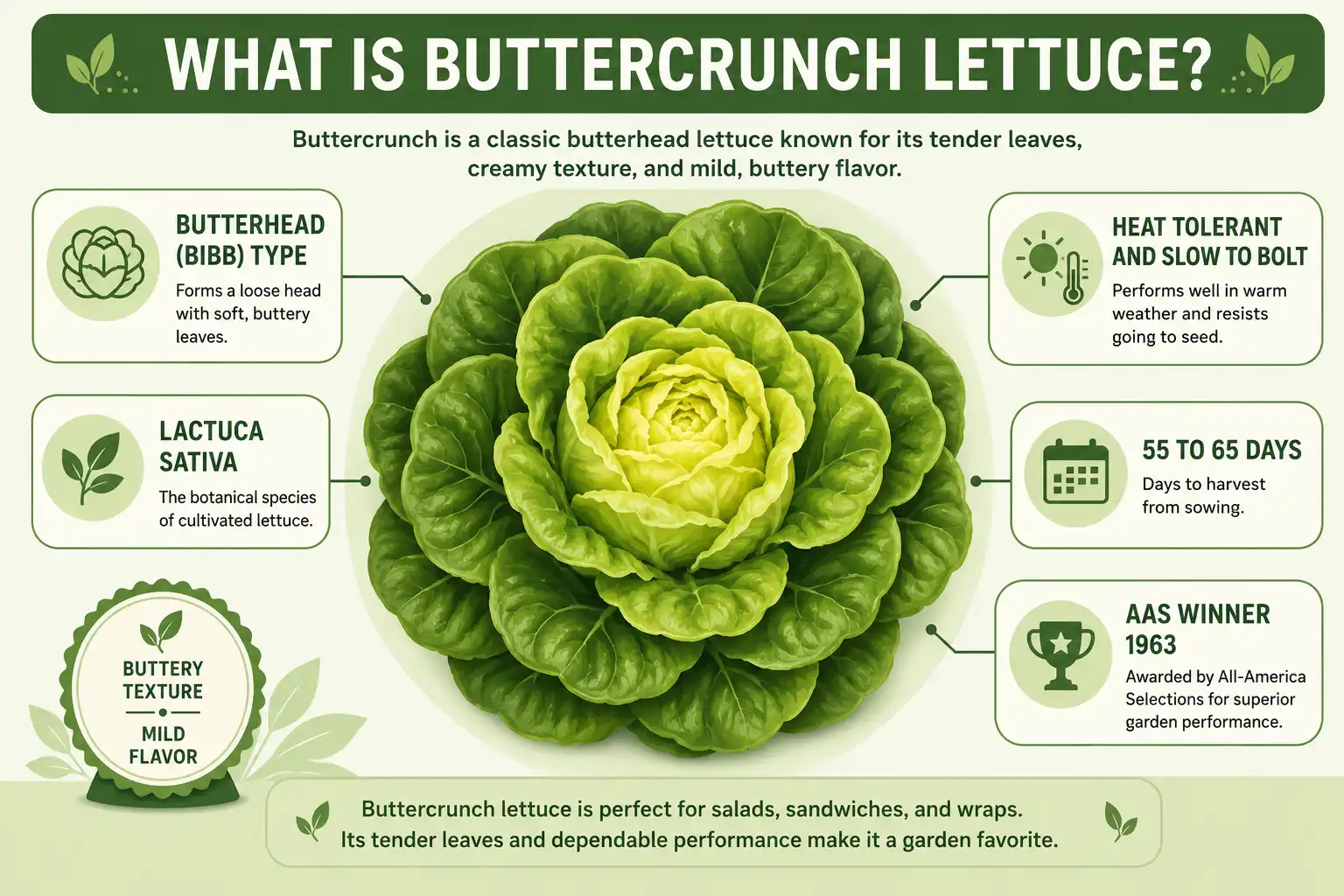 Infographic on buttercrunch lettuce is, a heat-tolerant butterhead with soft leaves and a creamy heart