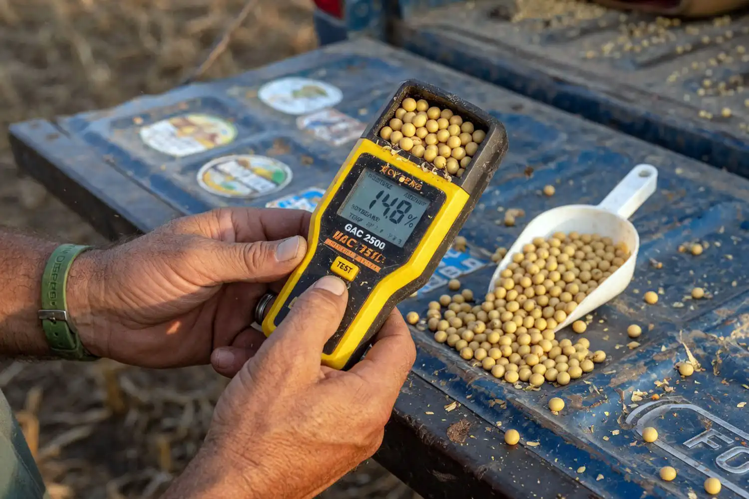Farmer checking soybean moisture content with a handheld grain moisture tester