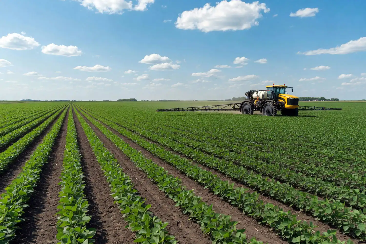 Weed-free soybean field after a glyphosate application showing healthy green rows and clean soil