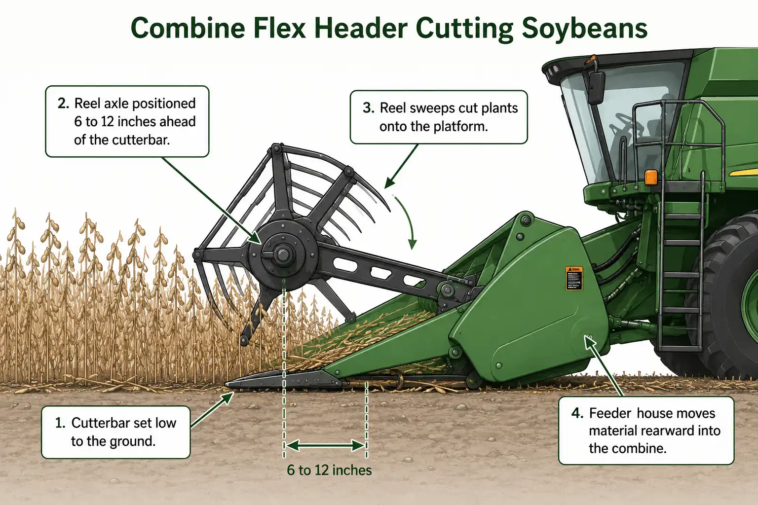 Diagram of combine flex header settings for soybeans with a low cutterbar and the reel positioned ahead of the cutter.