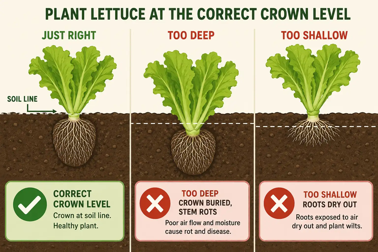 Diagram of correct lettuce transplant depth with the crown level at the soil line, plus too-deep and too-shallow mistakes.
