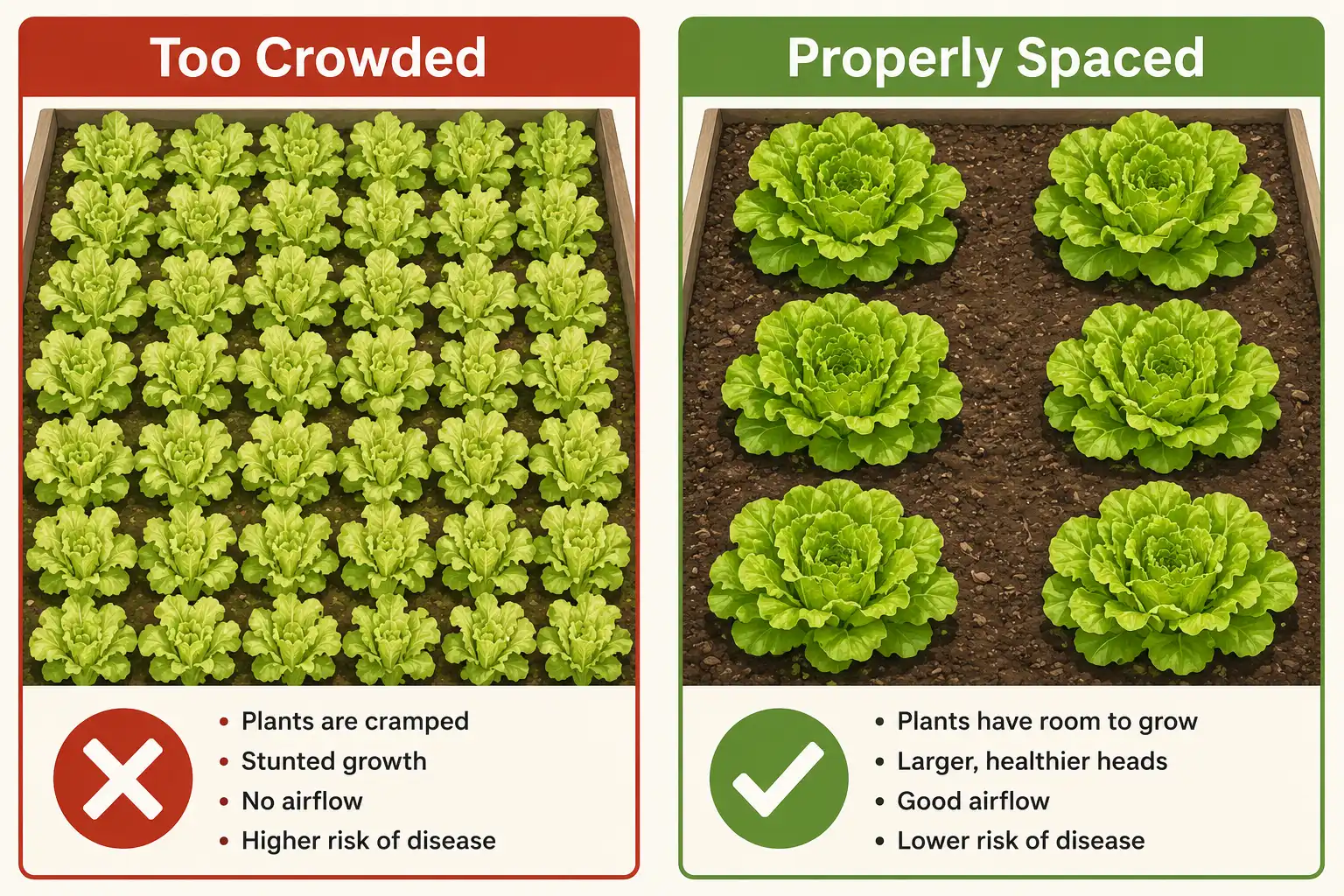 Comparison of crowded stunted lettuce next to properly spaced healthy lettuce plants.