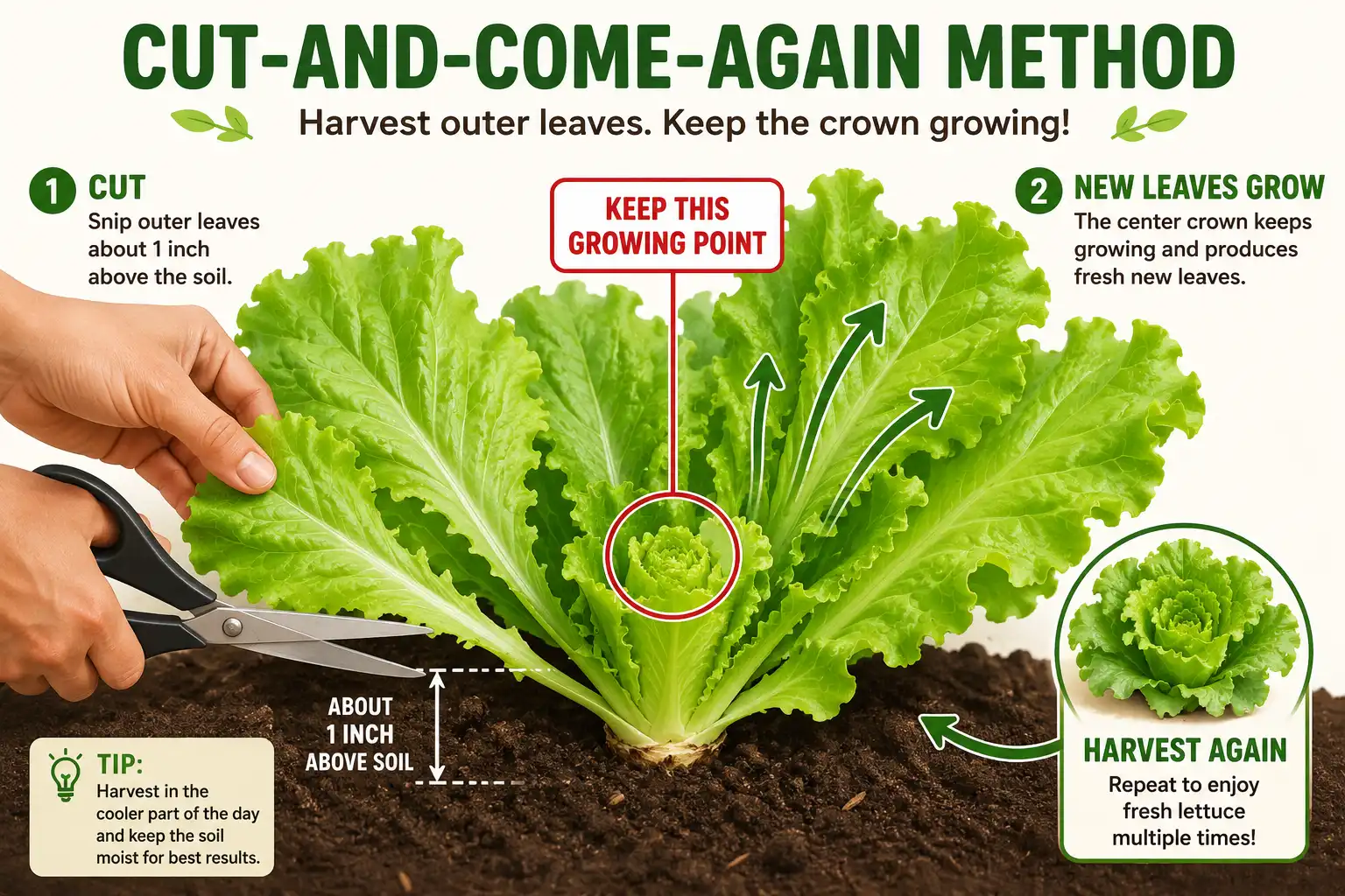Diagram of how to cut outer lettuce leaves while leaving the center crown to regrow.
