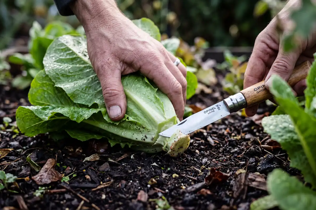 Farmer cutting a whole romaine lettuce head one inch above the crown to harvest it from the garden
