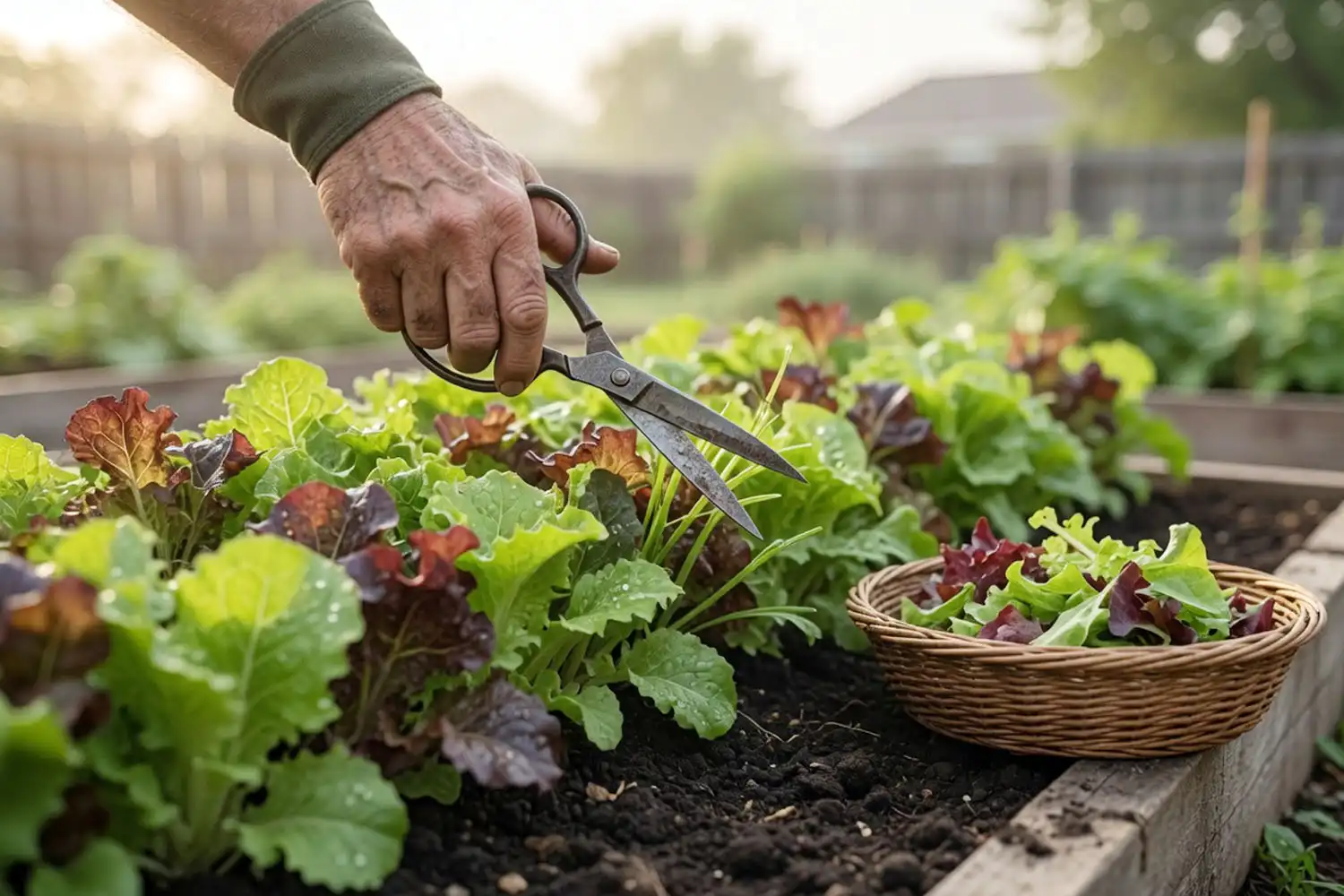 Farmer cutting baby spring mix greens from a raised bed at the cut-and-come-again stage