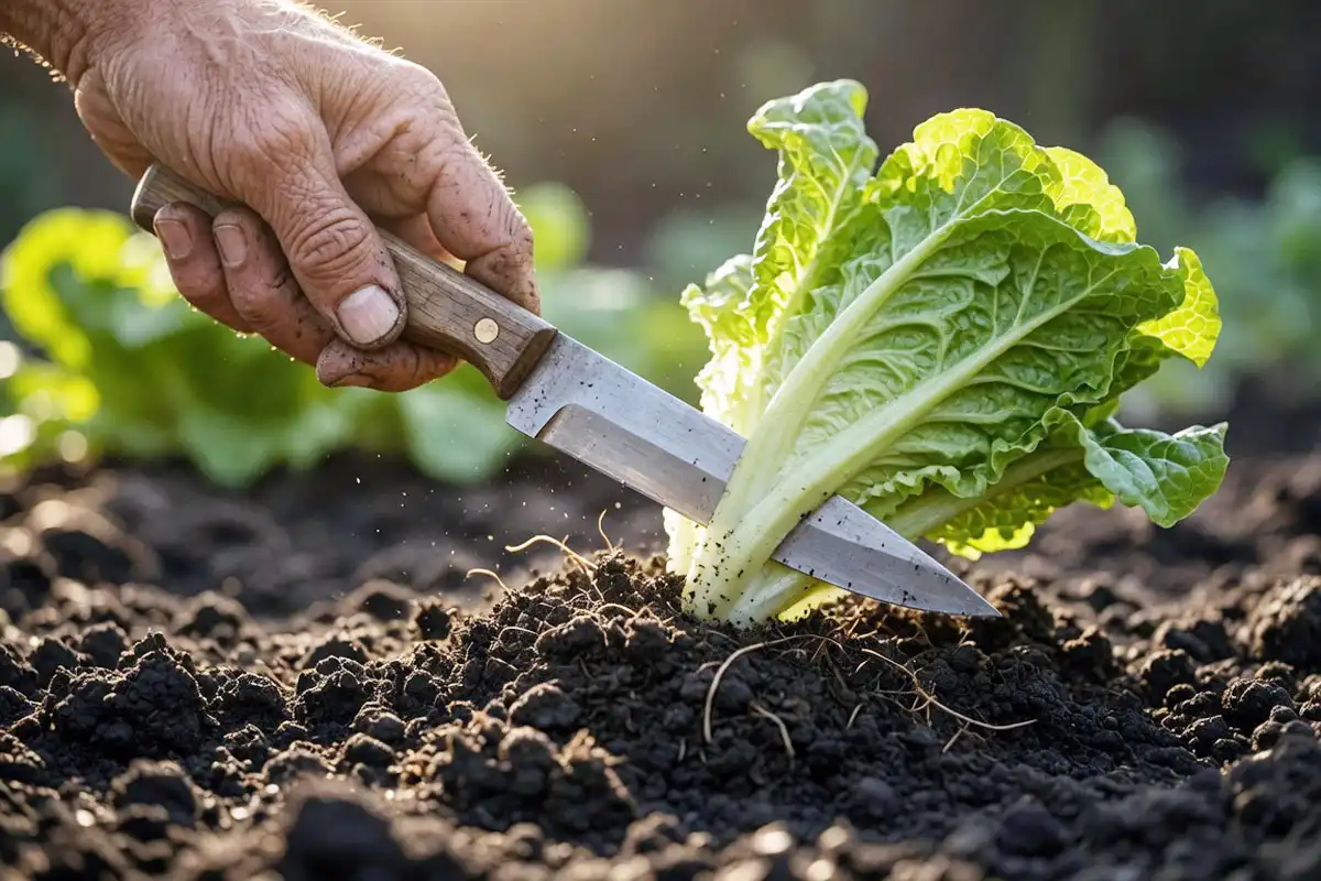 Farmer cutting a Little Gem lettuce plant one inch above the soil, leaving the crown for a second harvest