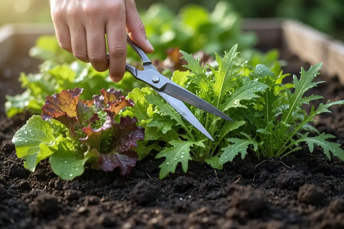 Farmer shearing mesclun greens with scissors one inch above the crown for cut and come again harvest