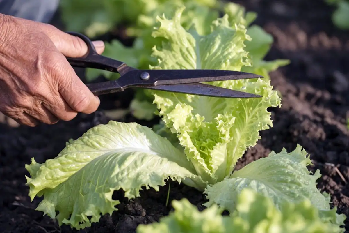 Farmer cutting the outer leaves of Black Seeded Simpson lettuce above the crown so the center keeps growing