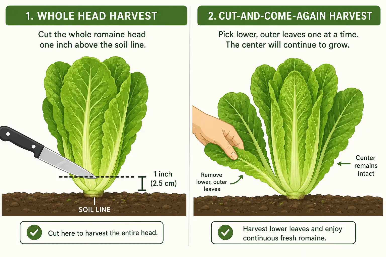 Diagram comparing two ways to harvest romaine, cutting the whole head at the base or picking outer leaves.