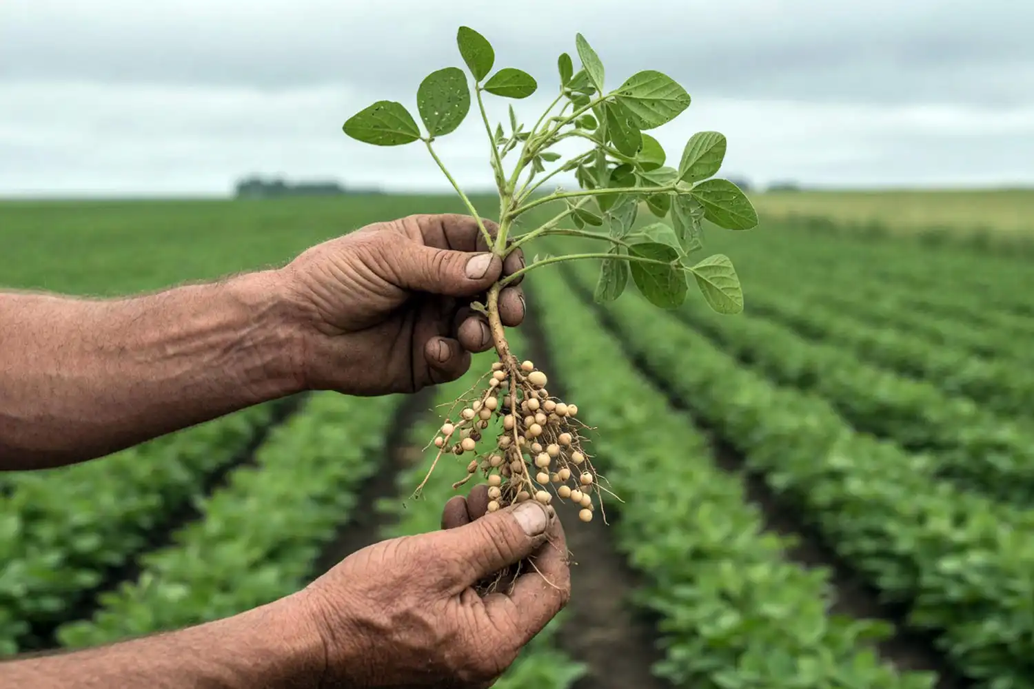 Farmer holding a dug soybean plant to inspect root nodules and check for cyst nematode